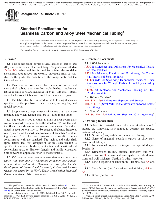 ASTM A519 2017 机械用碳钢和合金钢无缝钢管 最新版下载